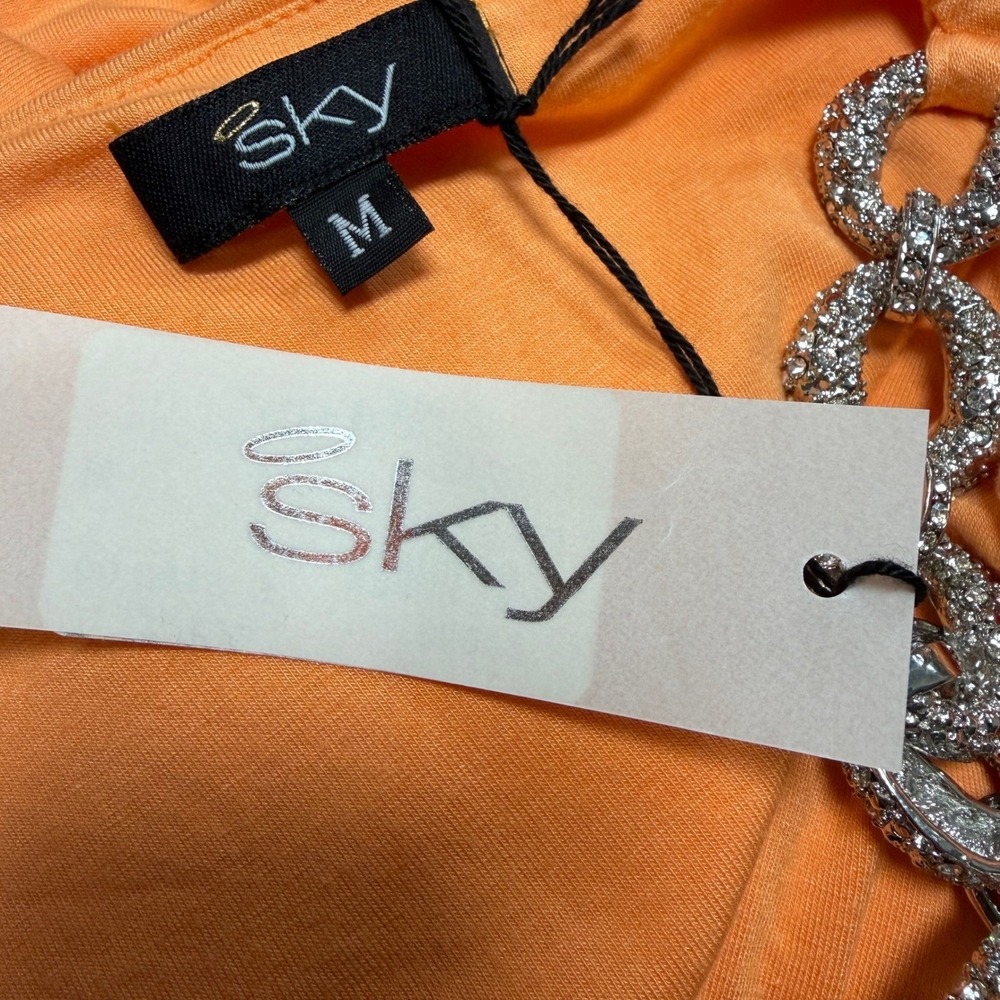 NEW Sky Women Cold Shoulder Top Rhinestone Chain Straps Drape Orange Medium - Picture 4 of 4